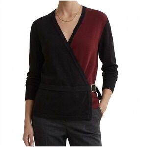 St. John‎ SJK Womens Black Burgundy Colorblock Wrap Buckle Knit Sweater Size 8